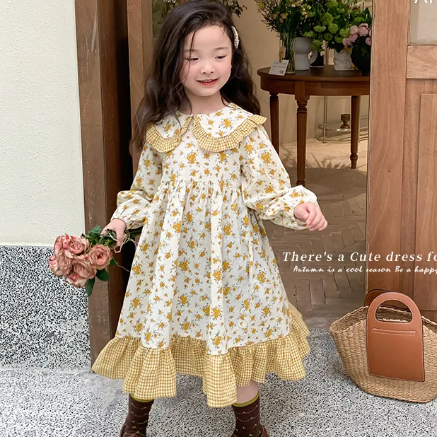 Girls' Cotton Linen Dress Autumn Long Sleeve Floral Skirt, Baby Lapel  Knee Length Outfit Fresh Children's Clothing, Size 230630