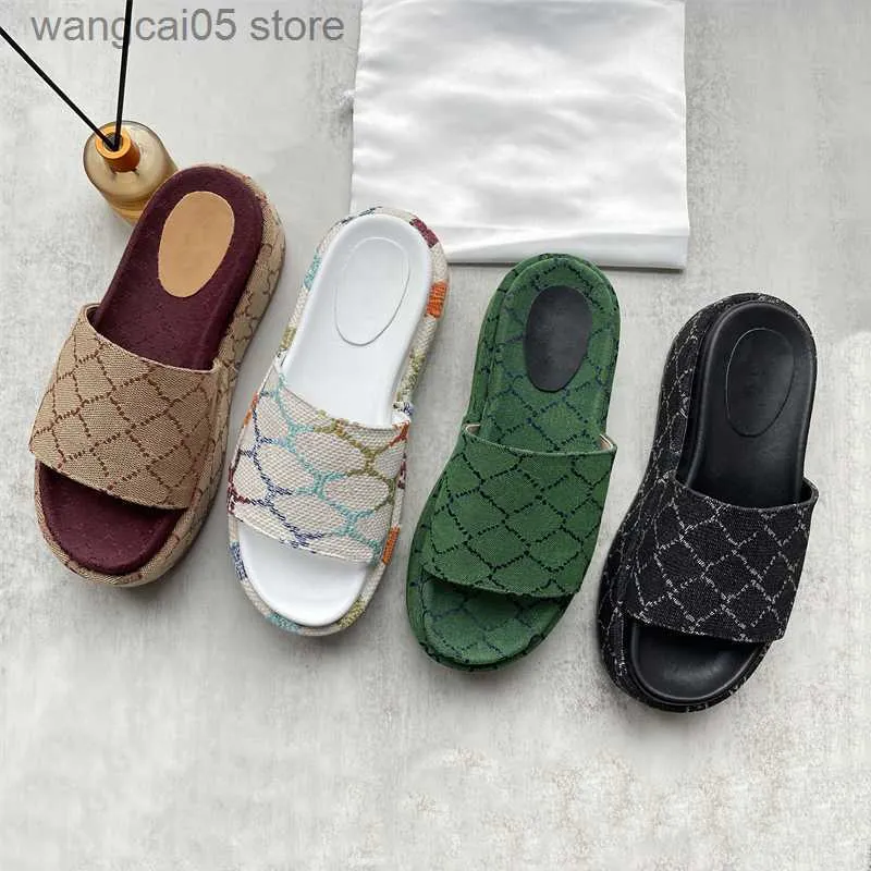 2023 Womens Fashion Slippers Embroidered Canvas Designer Slides slip on girls 60mm Slipper covered platform sandals size 35-45 T230701