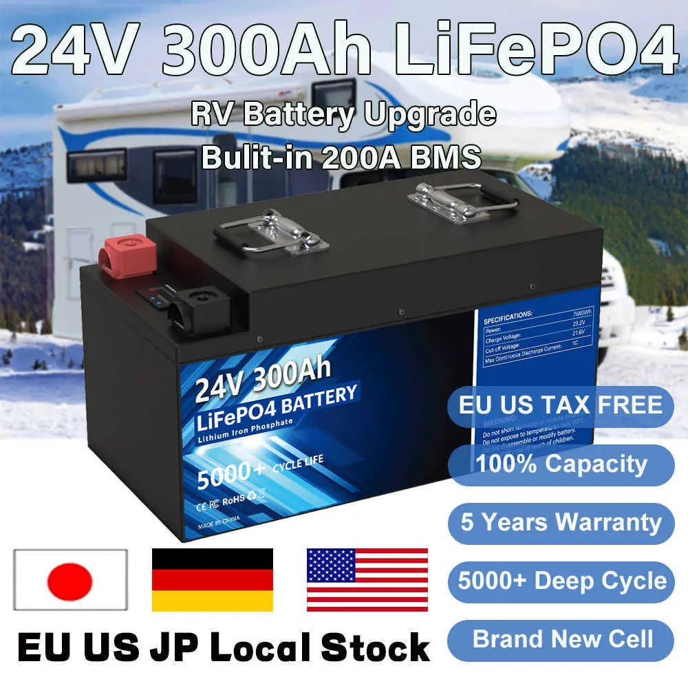 24V 300AH 200AH 100AH LiFePO4 Batterie 25.6V 7680Wh Intégrée 200A BMS 102% Capacité 5000+ Cycles RV Golf Cart Solaire EU Stock