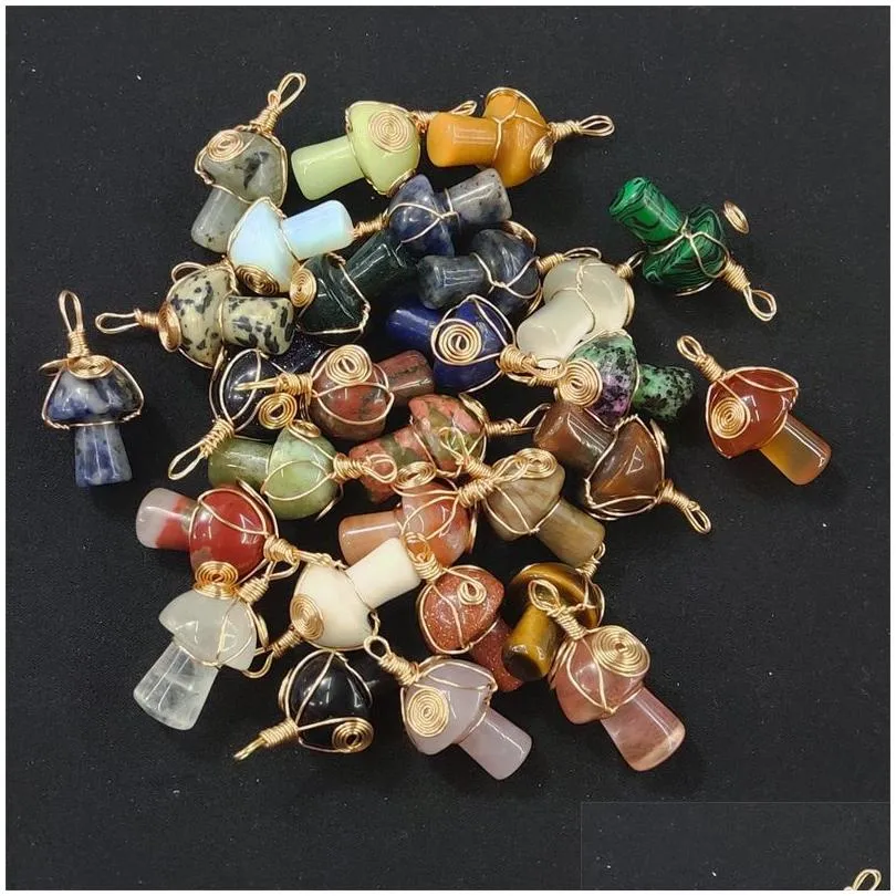 Charms Lots Wire Wrap Mushroom Stone Quartz Crystal Ciondolo in agata per collana Creazione di gioielli Drop Delivery Components Dhstg