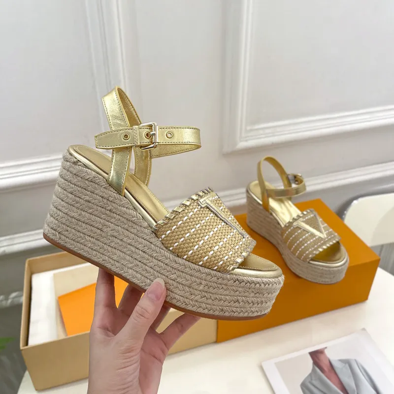 Kobiety projektant haftowane bawełniane sandały na koturnie szydełkowe sandały na platformie Chunky Rope Sole Espadrille Lady platformy obcas Wedgies