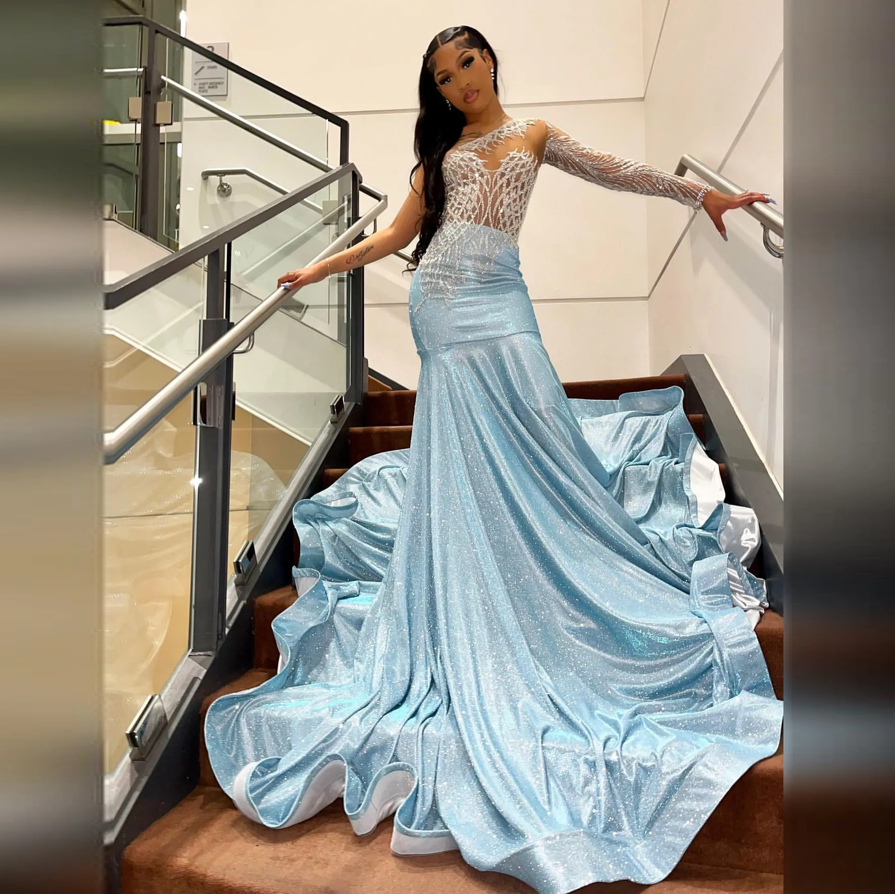 Sparkly Mermaid Prom Dresses Sequined Beading One Shoulder Evening Party Dress Luxury Designer Sky Blue Gowns Vestido de Noche