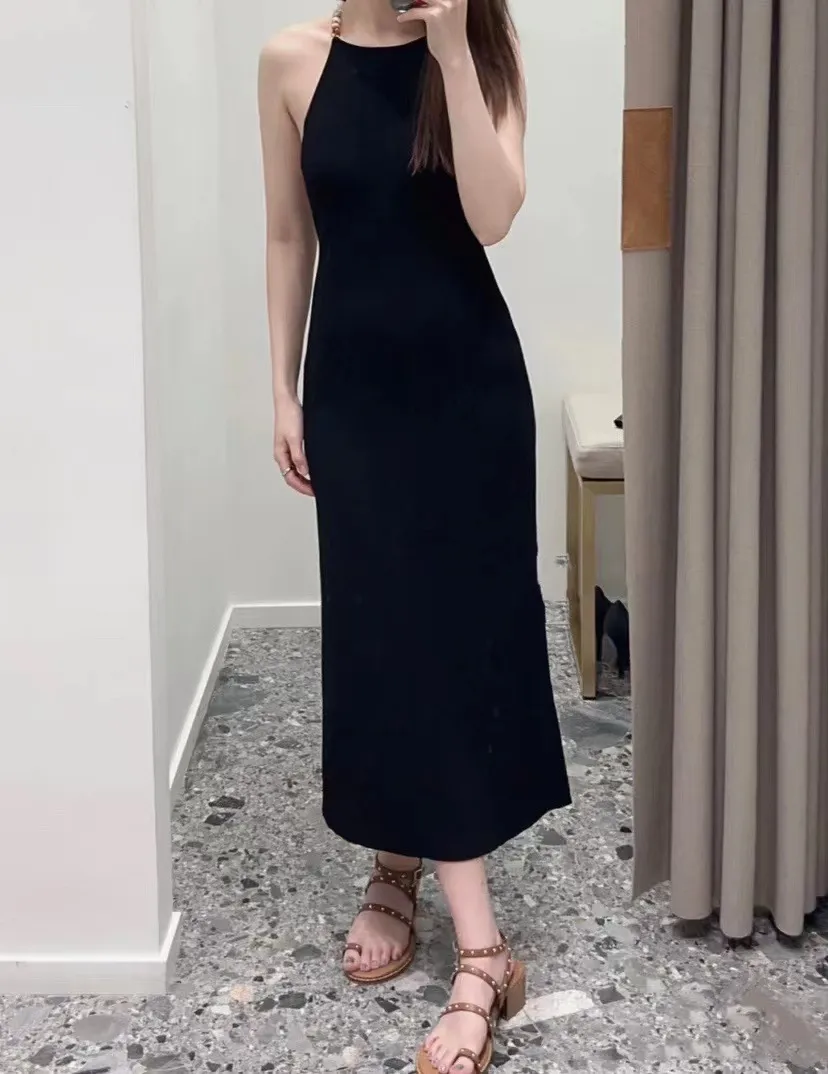 Basic & Casual Dresse New m-aje Open Back Hanging Neck Black Knit Dress Sexy Sleeveless Dress