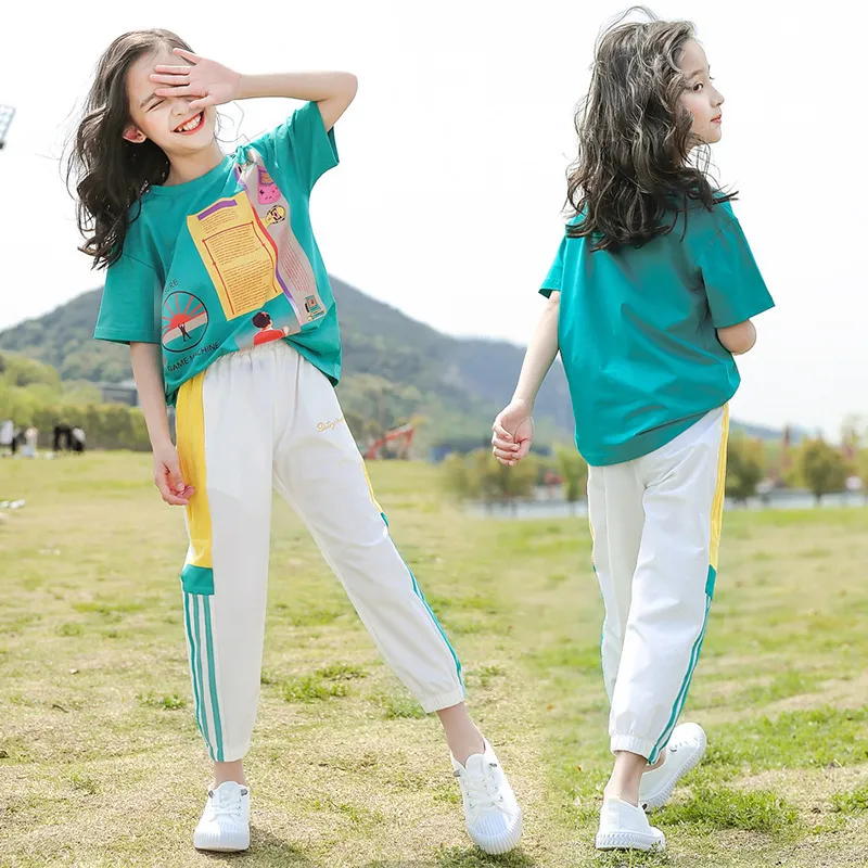 Girls Sport Outfits Cotton T-shirt + Long Pants Pockets Kids