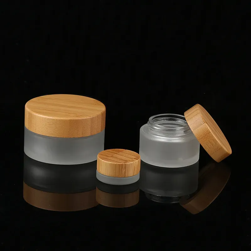 Frosted Glass Cosmetic Jars Hand/Face/Body Cream Bottles Travel Size 30g 50G 100G med naturlig bambulock PP Innertäckningsfabriksuttag