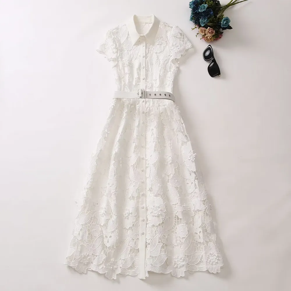 2023 Summer White Floral Lace Belted Dress Cap Sleeve Lapel Neck Paneled Single-Breasted Midi Casual Dresses A3L201537
