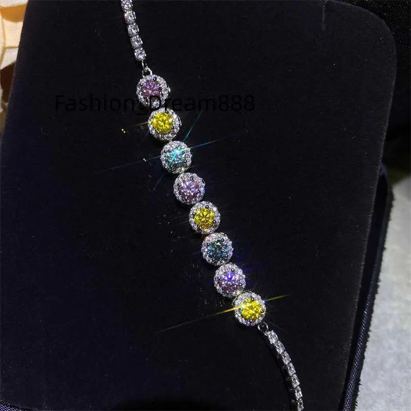 Pulsera de moissanita de colores para mujer, diamante completo, platino redondo, VVS1, joyería de diamantes al por mayor