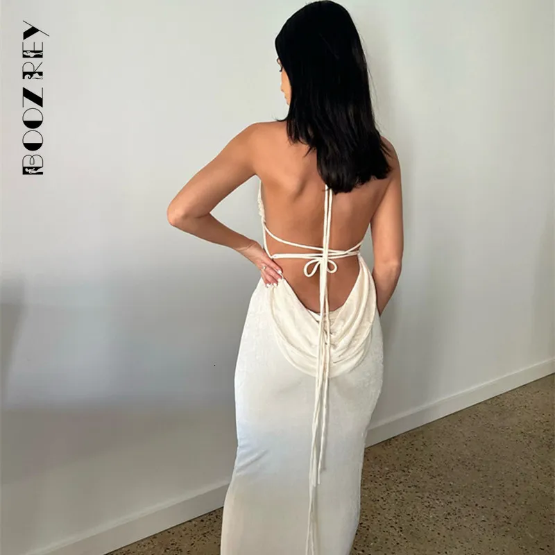 Basic Casual Dresses BoozRey Elegant Fashion Halter Sexy Backless Draped Maxi Dres Summer Party Long Straps Shift Clothes 230701