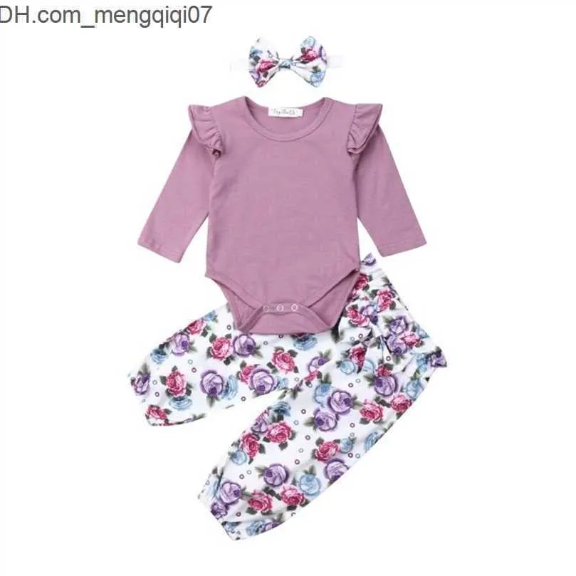 Set di abbigliamento Baby Girl Cotton Pagliaccetto Top Pantaloni floreali 3PCS Abiti Set Abiti autunnali 220808 Z230701