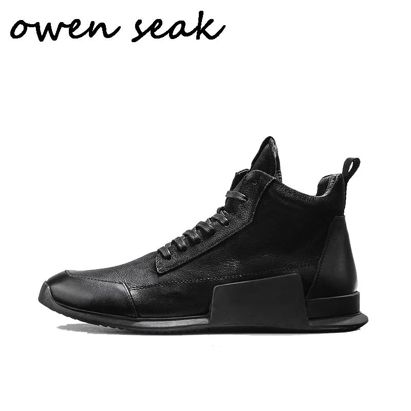 Boots Owen Seak Men Casual Shoes Hightop Ankle Plush Boots Genuine Leather Sneaker Trainers Zip Winter Flat Black Shoes