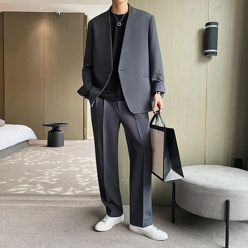 Mens Suits Blazers Men Korean Harajuku Streetwear Trendy Fashion Collarless Single Button Suit Jacket Man Loose Casual Coat Blazer 230630 From 92 94 DHgate