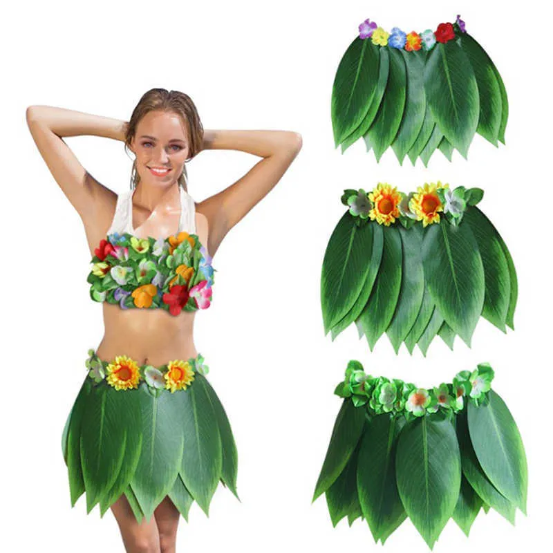 Kid Adult Hawaiian Artificial Tropical Leaves Flower Skirt Hula Boho Party Hawaii Decoration Wreath Skirt Beach Holiday Costume