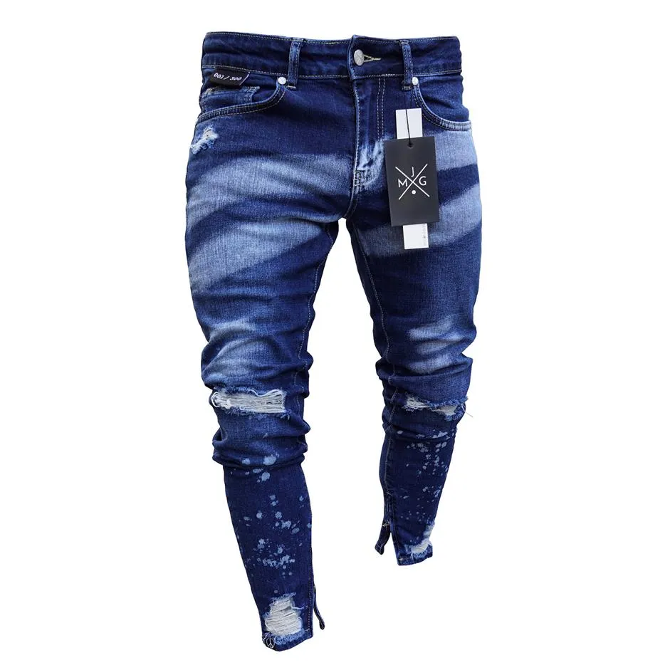 Blyertspenna jean byxor mode tvättade blå män jeans kläder färggradient lång smal fit blixtlåsare jeans233i