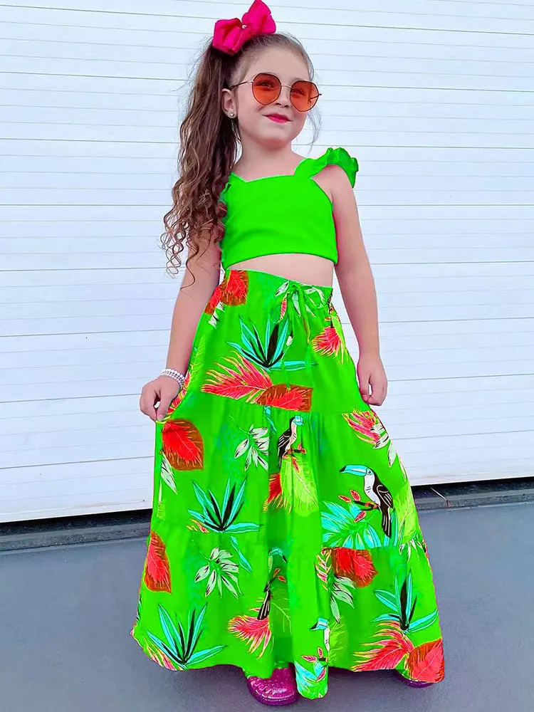 Clothing Sets 2023 Summer Toddler Girls Two Piece Print Camisold Top Length Skirts Kids Clothes Green Beach Style Y2K For 1 8Y 230630