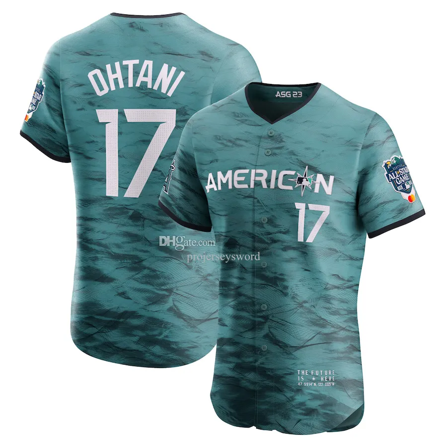 American League 17 Shohei Ohtani Teal 2023 All Star Game Jersey Aaron Judge Mike Trout Marcus Semien Corey Seager Ken Griffey Jr Jonah Heim Yandy Diaz