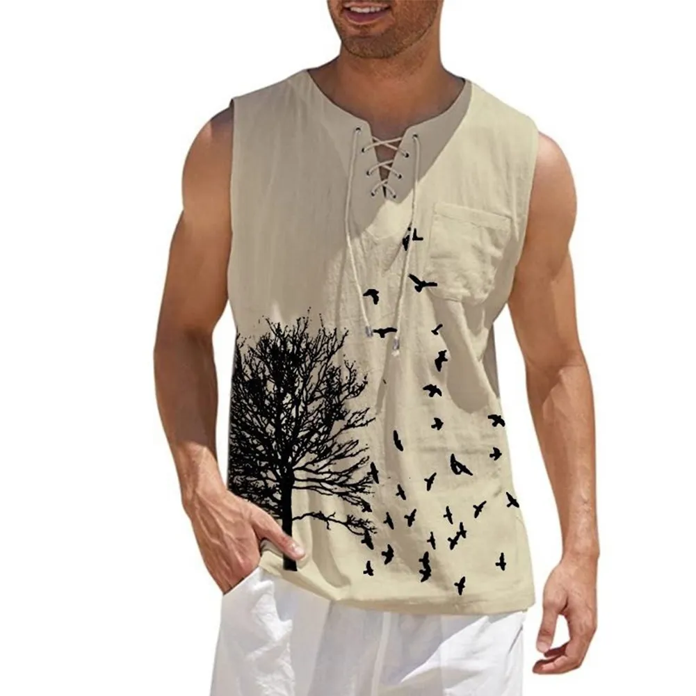 Men's Tank Tops Men Cotton Linen Vest Summer Man Retro Artistic Printing Fashion Sleeveless Tshirt Lace Up Vneck Blouse Casual Shirt 230630