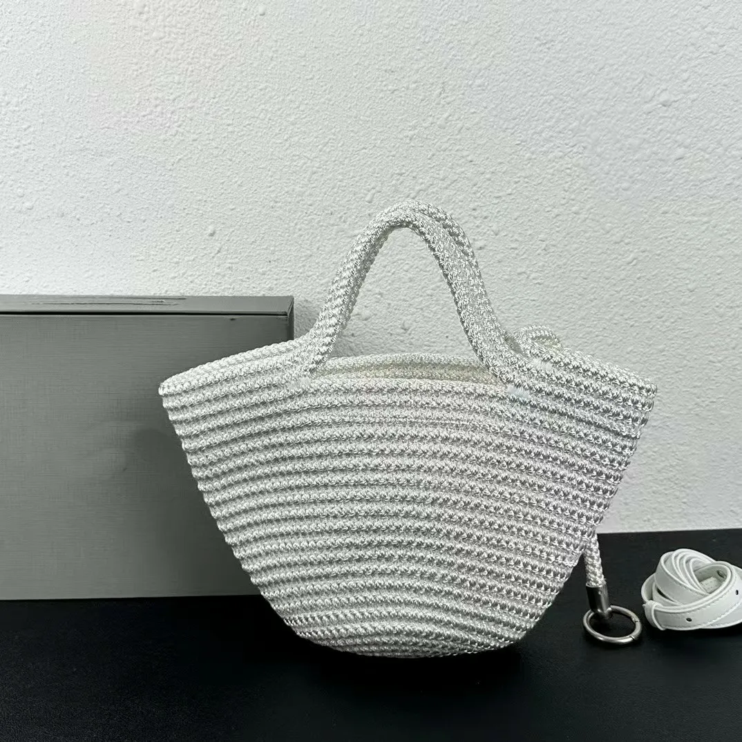 Women`s Ibiza Small Basket Summer Beach Bags Cord Two Top Open Closure Handle Travel Tote Aged Silver Hardware Ring Beach Totes Nylon Knit Handbags Long Shoulder Strap