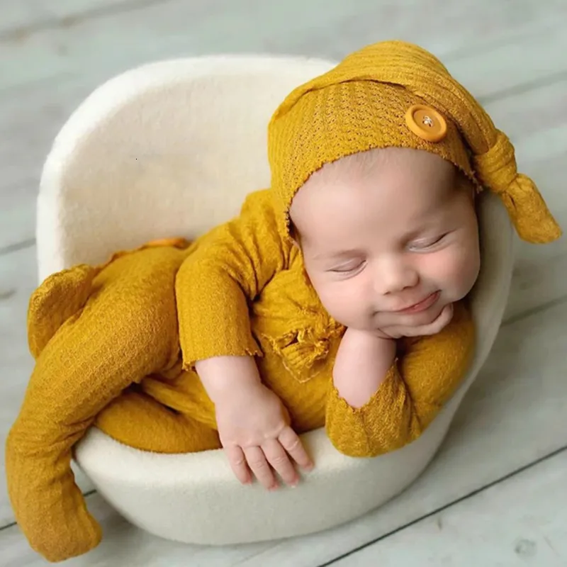 記念品0 1 2 3ヶ月生まれた赤ちゃんの写真服ソフトソリッドカラーニットキュートボディスーツロングテールハットフットジャンプスーツベイビースーツ230701