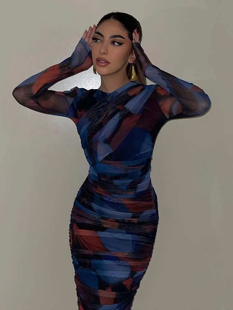 Zweiteiliges Kleid KLKXMYT TRAF 2023 Damen 2-teiliges Set, modische Seiden-Netzdruck-Blusenoberteile + hohe Taille, Falten-Midirock-Set, Damen-Outfits 230630