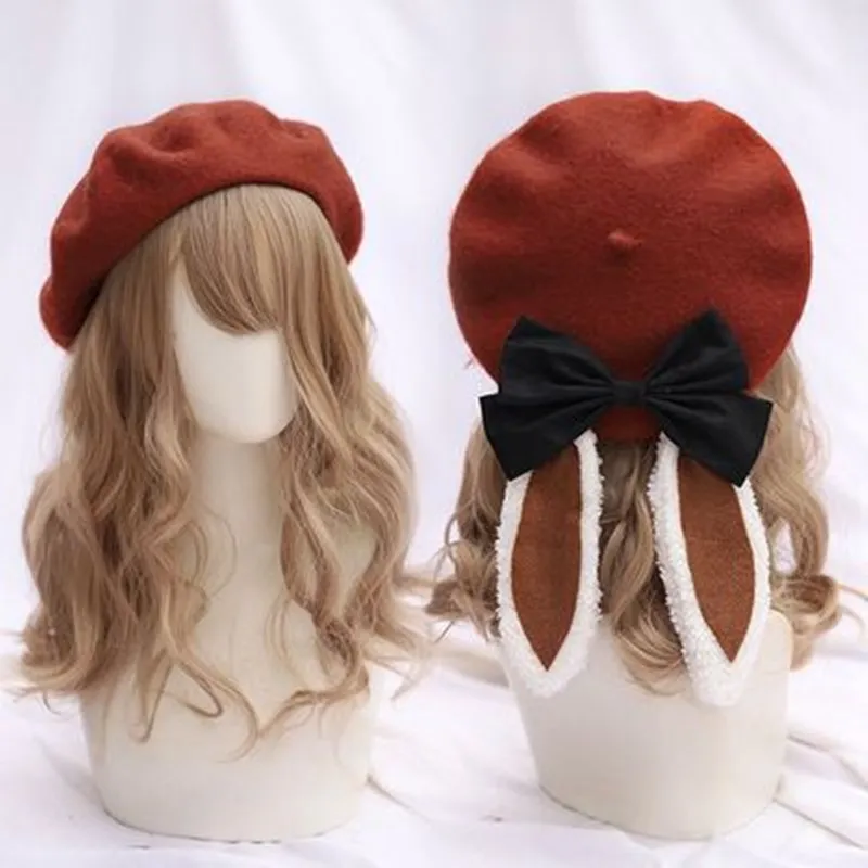 meisjes schattig konijn oren lolita baret hoed warme mutsen hoed unisex artiest cap koepel roze effen kleur versieren groothandel