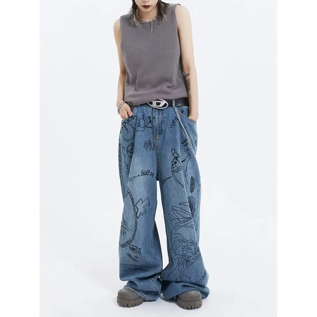 Hand Painted Graffiti Ripped Wide Leg Jeans For Women High Waist 
