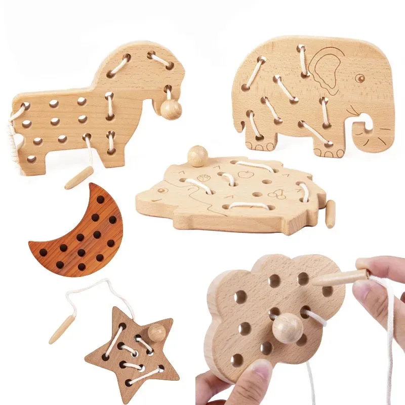 Wooden Toy Animal Stringing Threading Game Fine Motor Training Learning Early Educational Toys For Children Kids