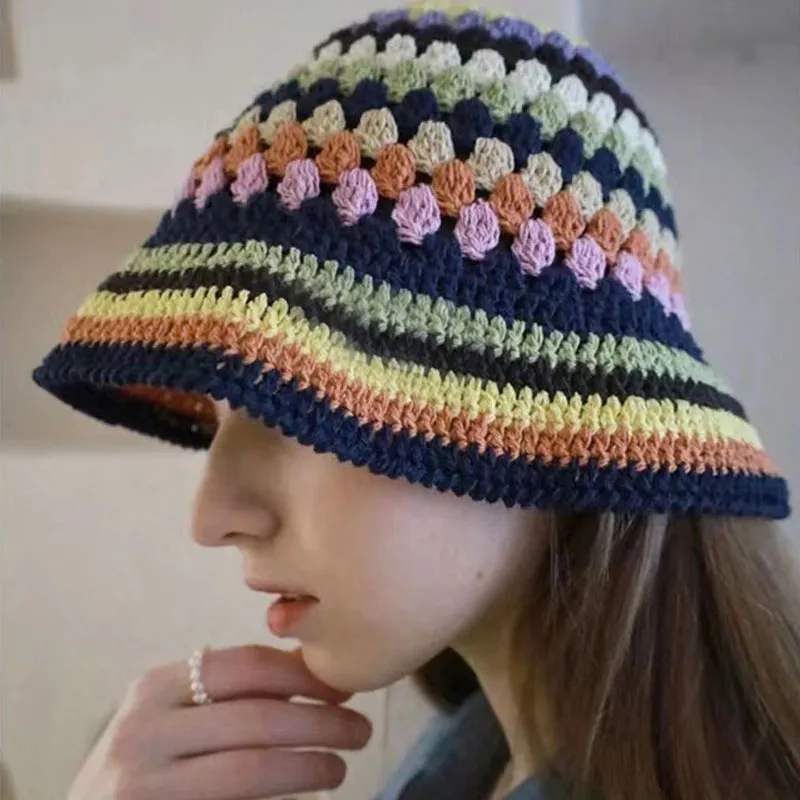 Koreansk kontrastfärg Rainbow Bucket Hat Women Handmade virkning Bomullsfiskare Hat Summer Girls Travel Vacation Beach Sun Hat