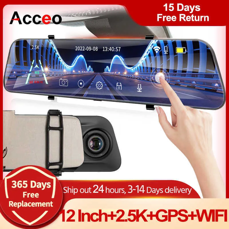 Araba DVR Acceo A38 25K DVR 12 inç dokunmatik IPS dikiz aynası çift lens dashcam kamera video kaydedici desteği tam ekran ekran hkd230701