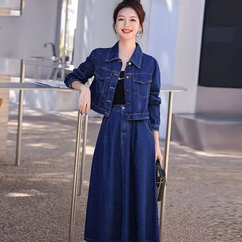 Denim Two Piece Set: Womens Casual Denim Jacket And Skirt Outfit
