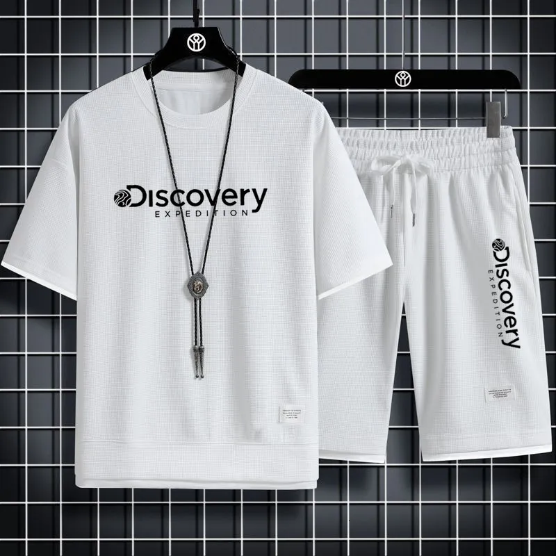 Tute da uomo Summer Discovery Set di due pezzi in tessuto di lino T-shirt e pantaloncini casual Tuta sportiva da uomo Tuta manica corta moda 230630