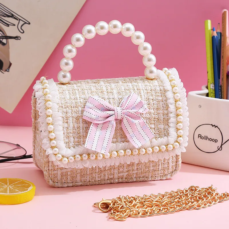 Korean Style Linen Crossbody Pearl Handbag For Girls With Mini