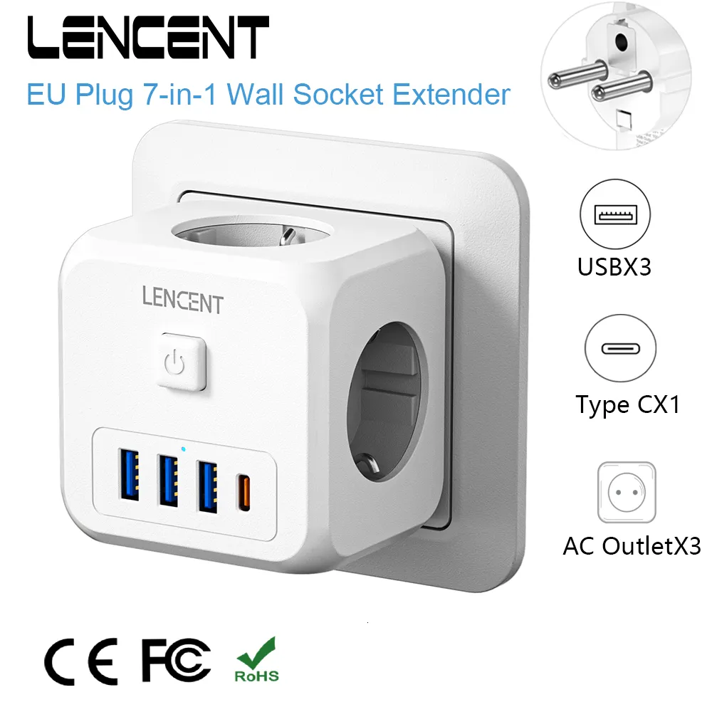 Netzkabelstecker LENCENT EU-Stecker-Steckdosenleiste mit 3 AC-Ausgängen 3 USB-Ladeanschlüssen 1 Typ-C-5V-2,4A-Adapter 7-in-1-Steckdose Ein-/Ausschalter 230701