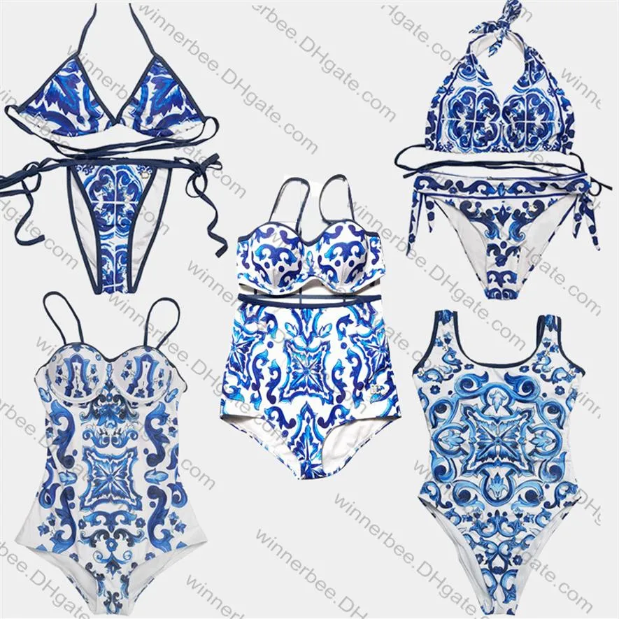 Conjunto de biquíni jacquard de porcelana azul e branco feminino clássico de luxo designer moda maiô 331N