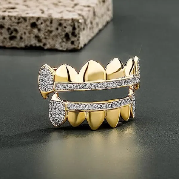 14K Gold Plated Iced Out CZ Top and Bottom Vampire Fangs Werewolf Grillz for Your Teeth Hip Hop Halloween Accessory