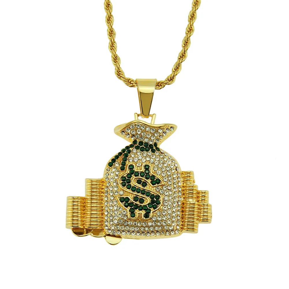 Hip Hop Rapper shiny diamond pendant gold necklace Black diamond dollar money bag full rich zircon pendant copper micro-inset zircon jewelry 75cm necklace 1388