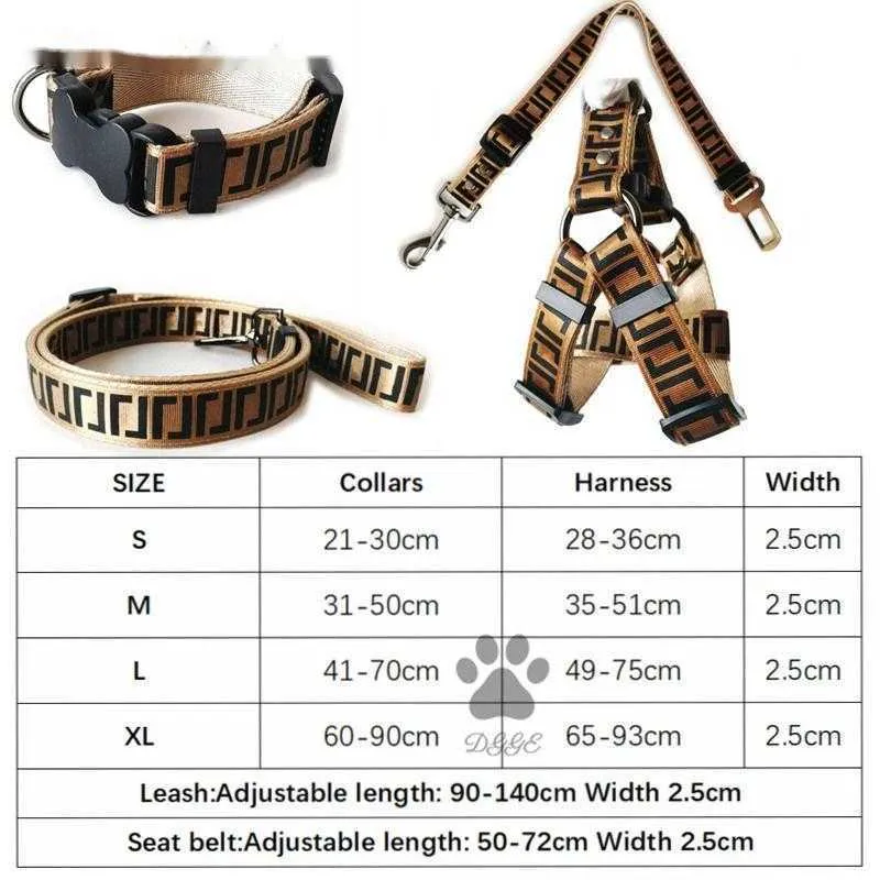 Luxury Dog Collars Leashes Set Designer Dog Leash Seat Belts Pet Collar and Pets Chain for Small Medium Large Dogs Cat Chihuahua Poodle Bulldog Corgi Pug Brown B34
