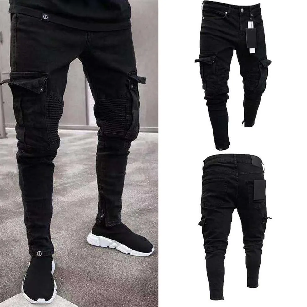 Mode Schwarz Jean Männer Denim Skinny Biker Jeans Zerstört Ausgefranste Slim Fit Tasche Cargo Bleistift Hosen Plus Größe S-3XL2781