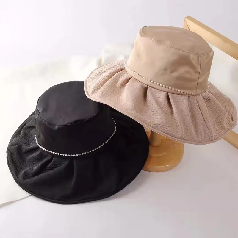 Nouvelle perle plissée grand bord casquette de pêcheur femmes été français Portable seau Chapeau Protection UV crème solaire plage Chapeau Femme