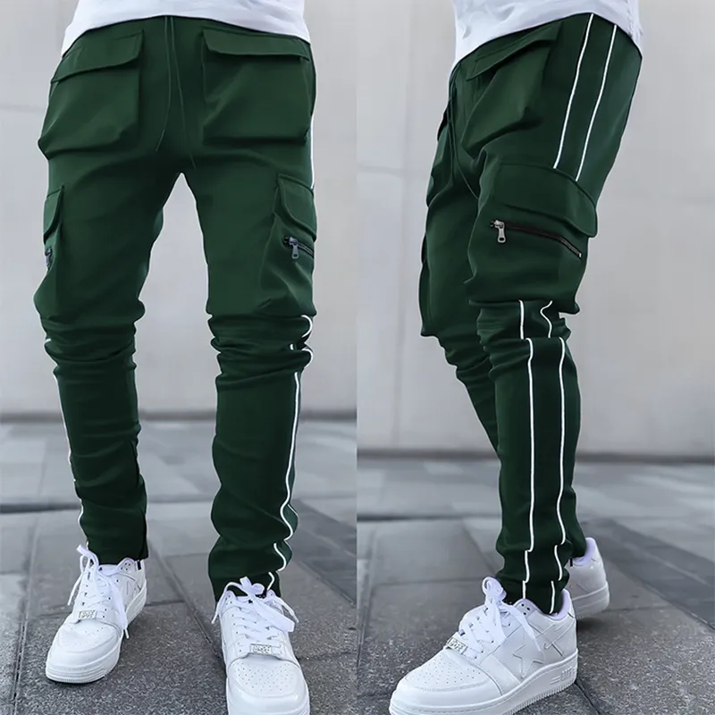 Designer lastbyxor män avslappnad flerficka sträcka reflekterande strip rak sport fitness joggers byxor mens mode hip hop streetwear svettbyxor