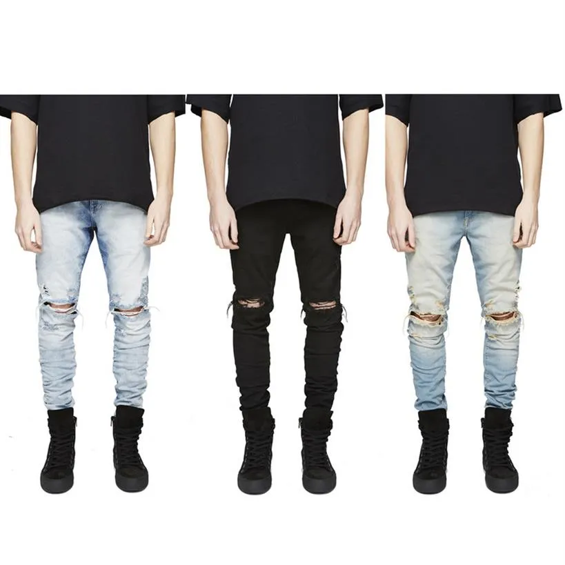 Whole-Fashion Style Men Ripped Jeans Classic Denim Fabric Destroyed Male Pants Elastic 3 colors Hiphop Comfortable Stretch Tro243J
