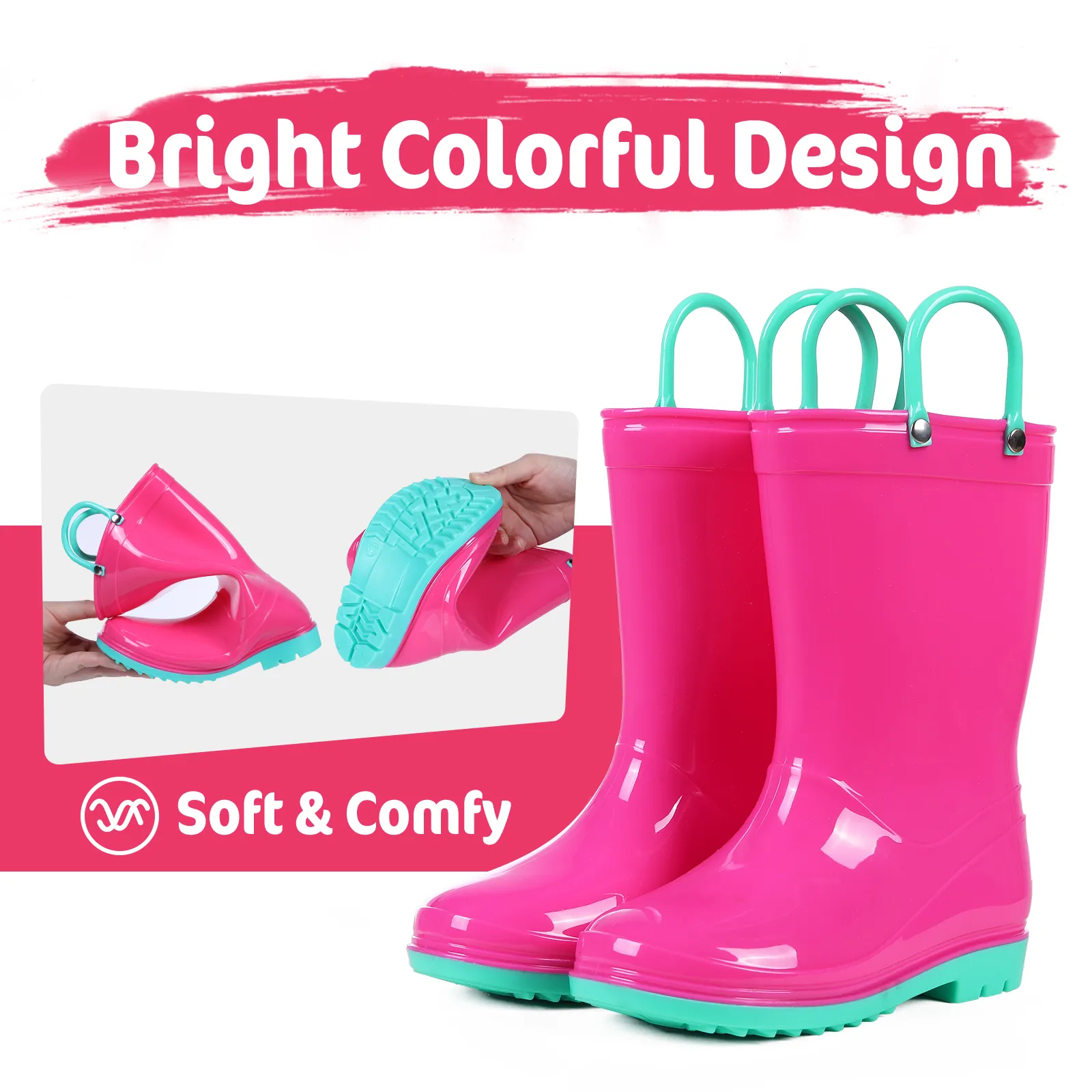 Comwarm Unisex Dinosaur Unicorn Kids Rain Boots With Handles
