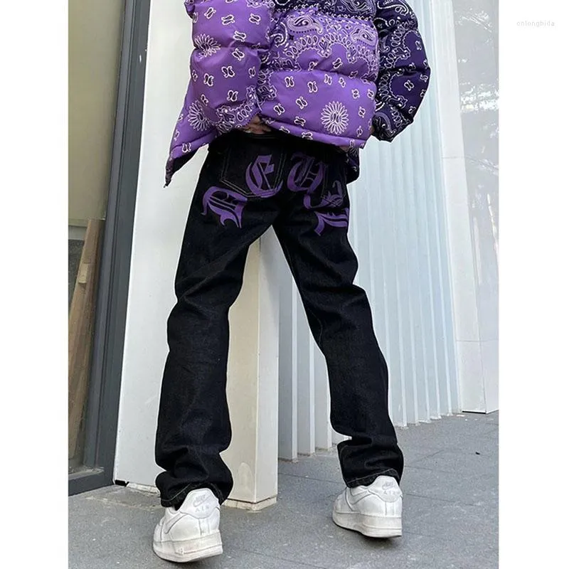 Jeansy męskie kwiaty nerkowca purple streetwearne punty punkowe hip hop liter