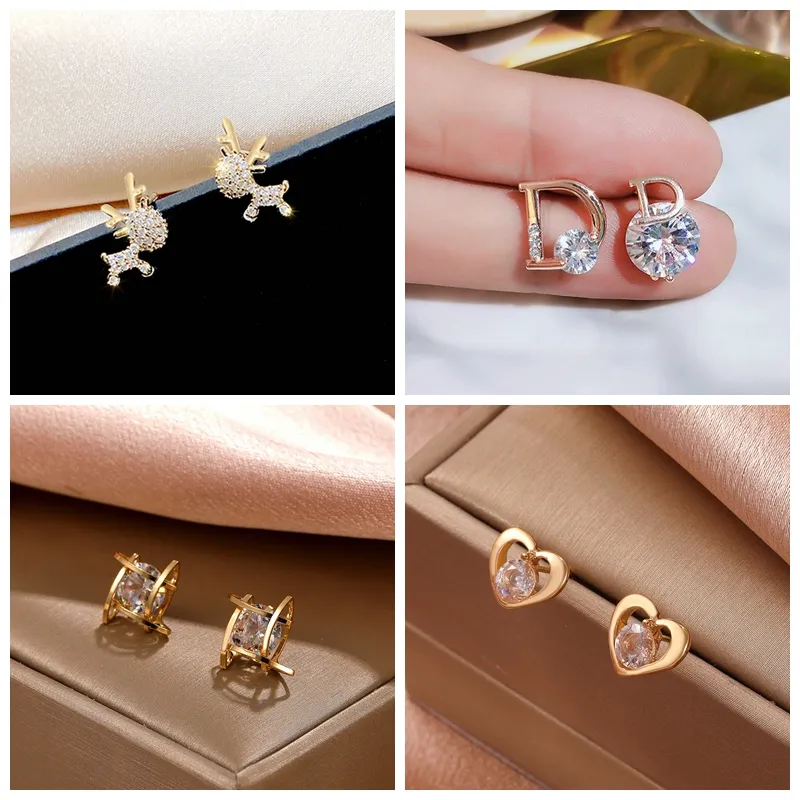 4pairs Stud Earrings Fashion Versatile Lovely Heart Deer Letter Square Personalized Earrings - ins style Fashion Jewelry