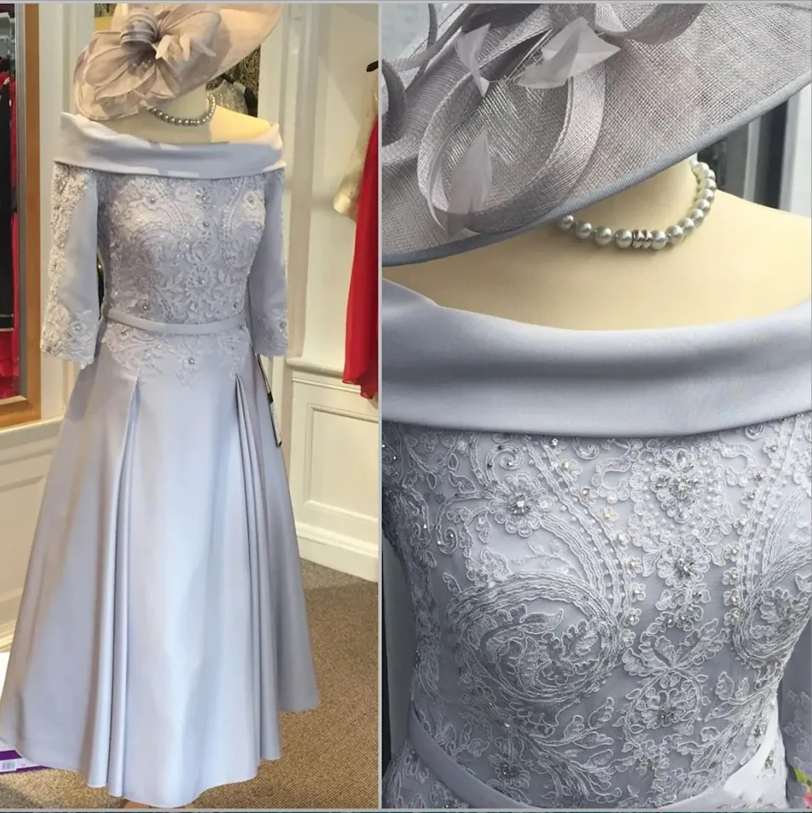 Short Lilac Vintage Madre della sposa Abiti da sposa Mezza manica Elegante tè Lunghezza perle in pizzo satina