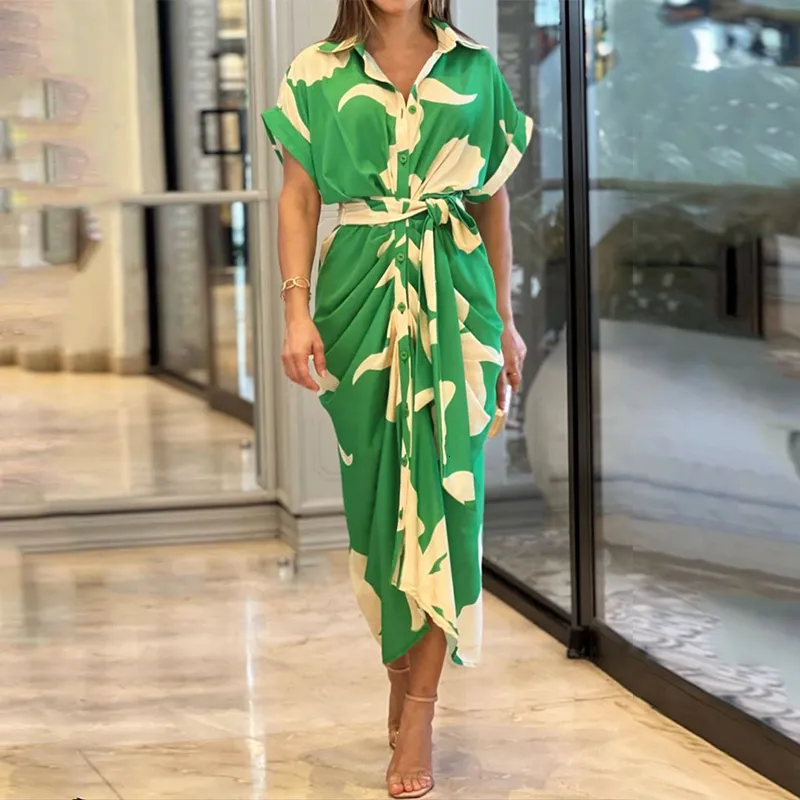 Basic Casual Dresse Elegant Shirt Dress Summer Vintage Printed Button Ruched Bandage Female Solid V Neck Beach Long Robe 230701