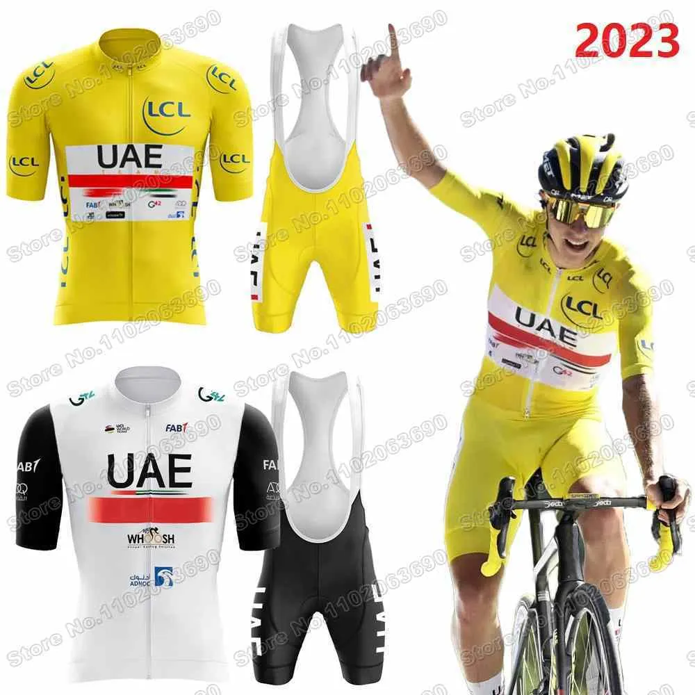 Cykeltröja sätter 2023 UAE Team Set Tadej Pogacar TDF Clothing Yellow White Road Bike Shirt Suit Bicycle Bib Shorts Maillot 230701