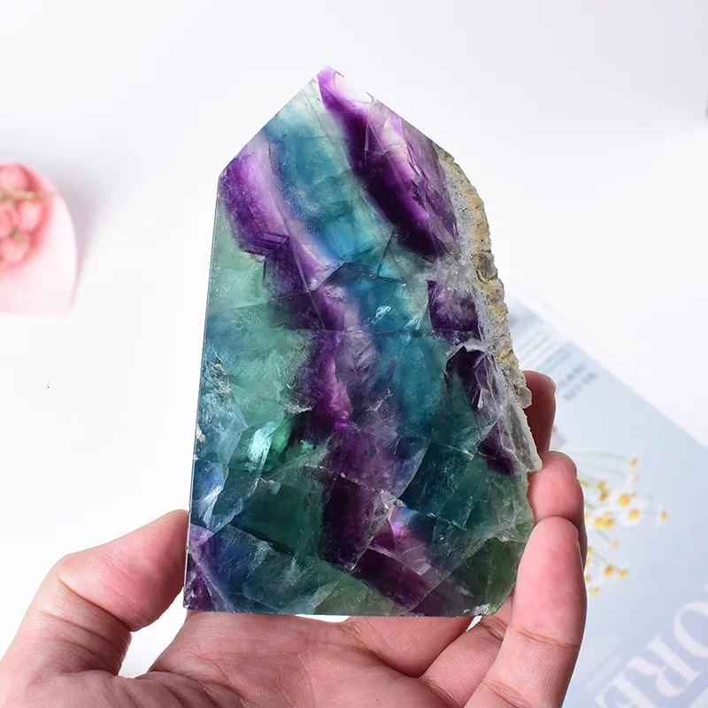 Decorative Objects Figurines Natural Fluorite Quartz Raw Colorful Crystal Point Polished Healing Stone Decoration Ornament Feng Shui Free Metal Frame 230701