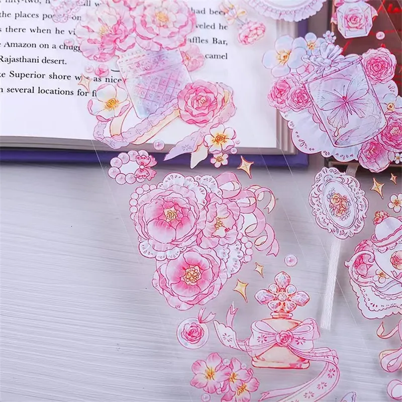 Blocnotes De geur van roze bloemen Washi PET-tape voor het maken van kaarten Decoratie DIY Scrapbooking Plan Stickers 230701