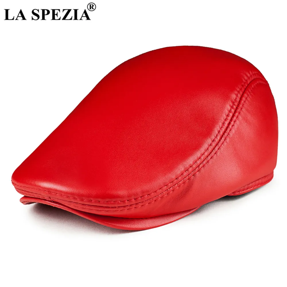 La Spezia Men Beret Real Leather Flat Cap本物のレザーシープスキンイヤーフラップ暖かい秋の冬茶色の黒い赤い男性ツビーキャップ