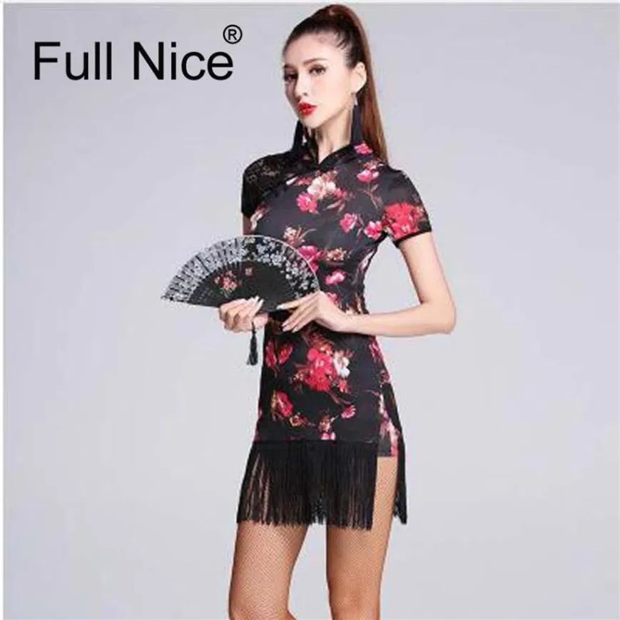 Stage Wear Fashion Slim Flower Print Ice Silk Cheongsam Tassel Sexy Latin Dance One-piece Dress For Women female Ballroom Costume2712